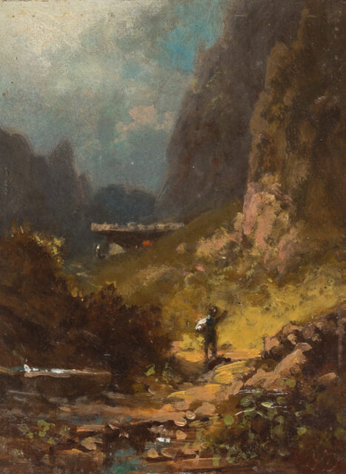 On the way to the alpine pasture, a boy in front waves to the dairymaid in the distant hut. by Carl Spitzweg