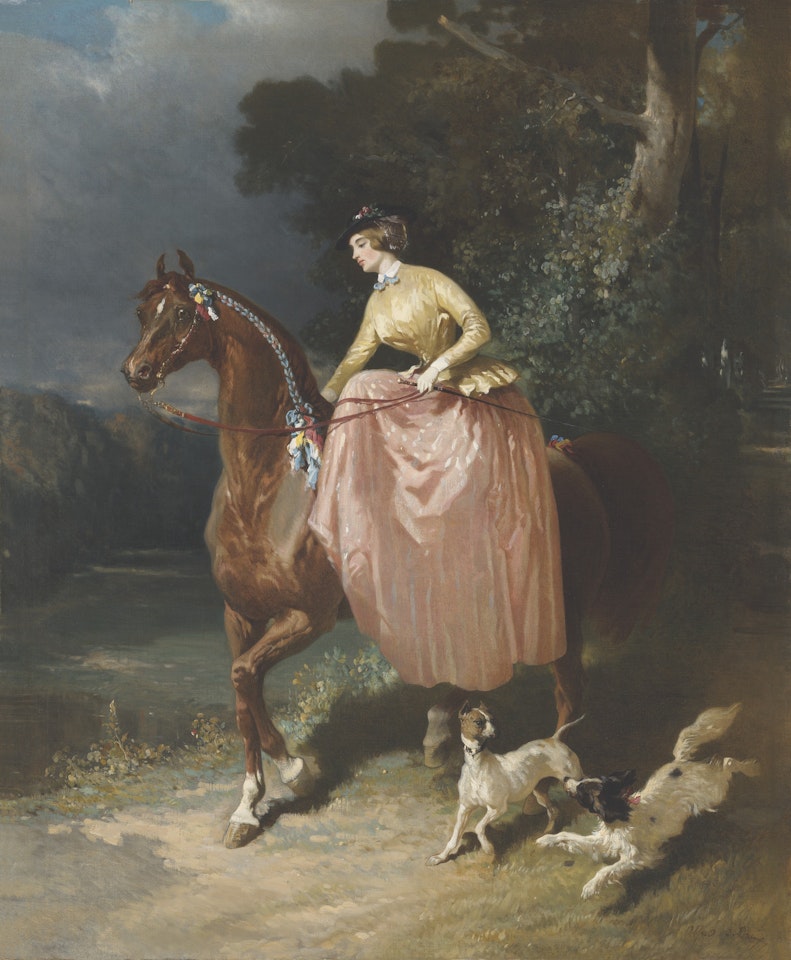 A lady riding in a landscape, with her dogs by Alfred de Dreux