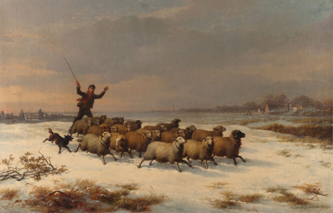 Winter landscape with a flock of sheep by Eugène Joseph Verboeckhoven