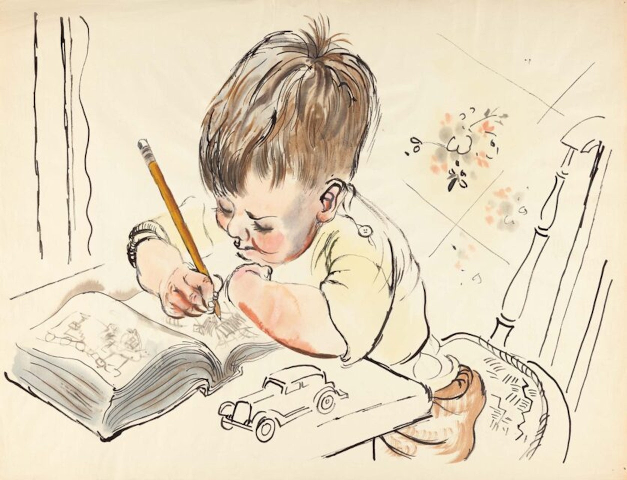 Boy drawing at the table (Martin). by George Grosz