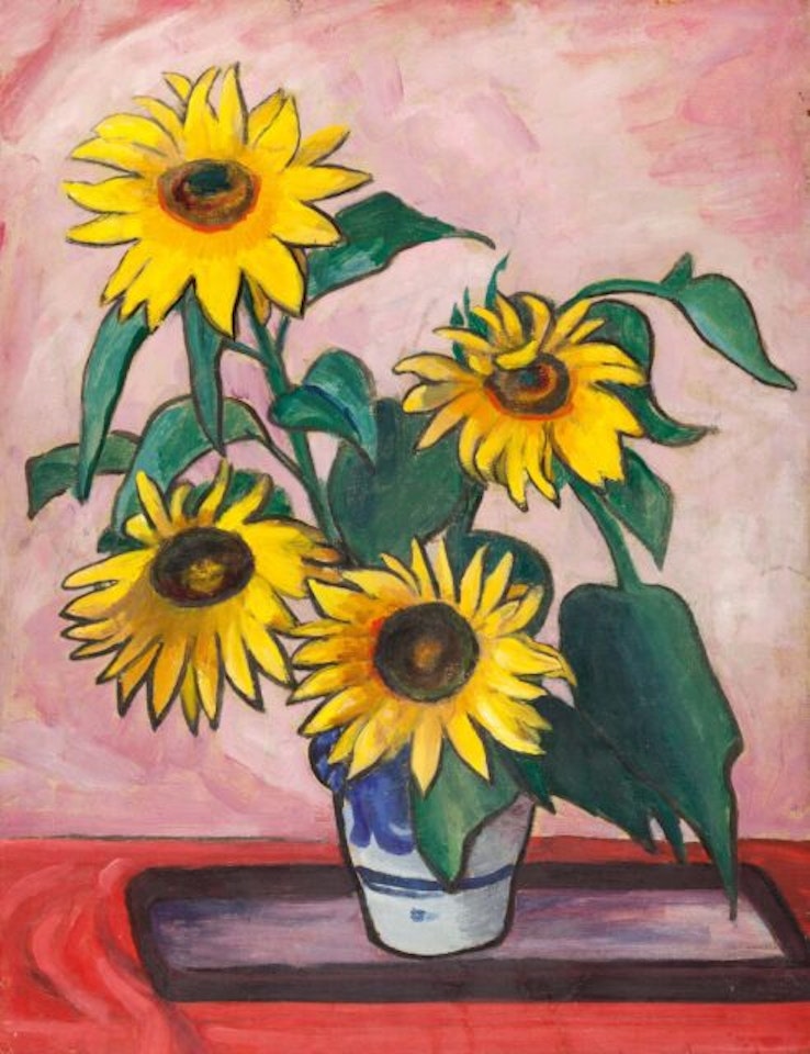 Sunflowers in front of red. by Gabriele Münter
