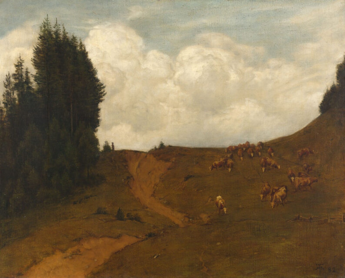 Black Forest landscape with a herd of cows returning home. by Hans Thoma