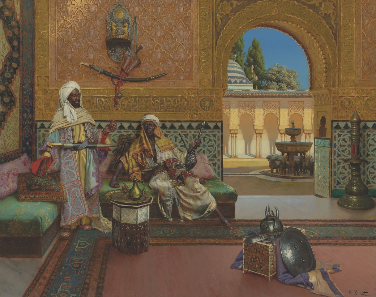 Two warriors in the Alhambra Palace, the Court of Lions in the background by Rudolf Ernst