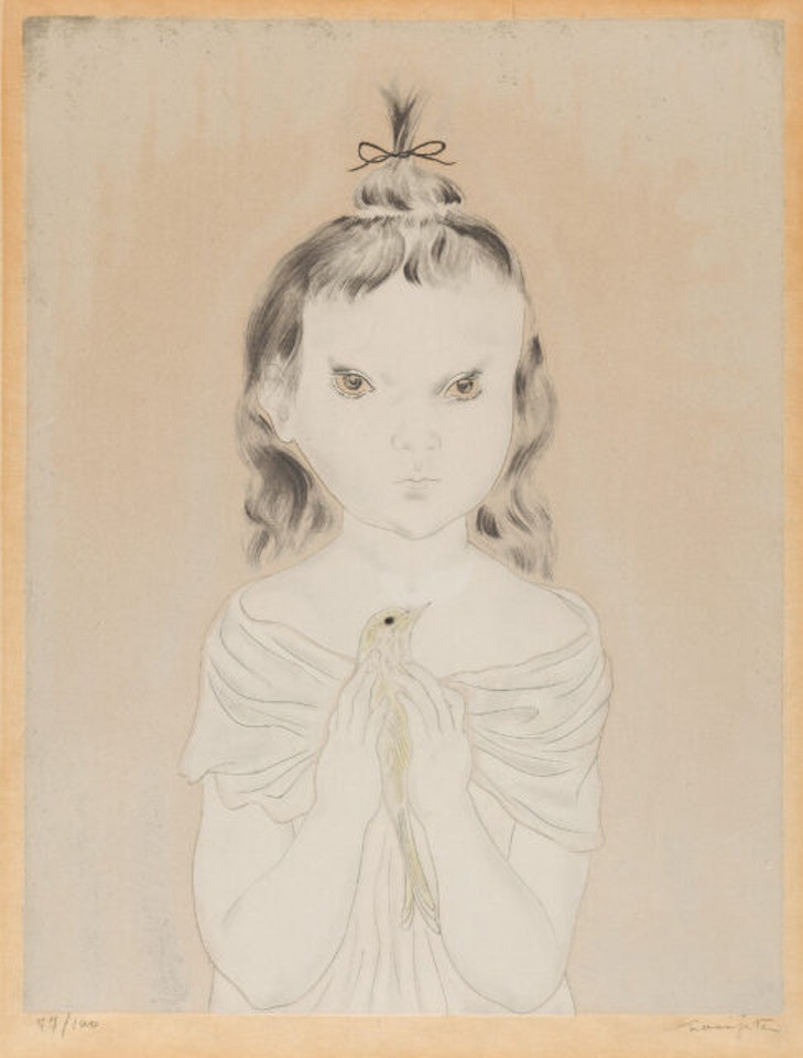 Petite fille à l"oiseau. by Leonard Tsuguharu Foujita