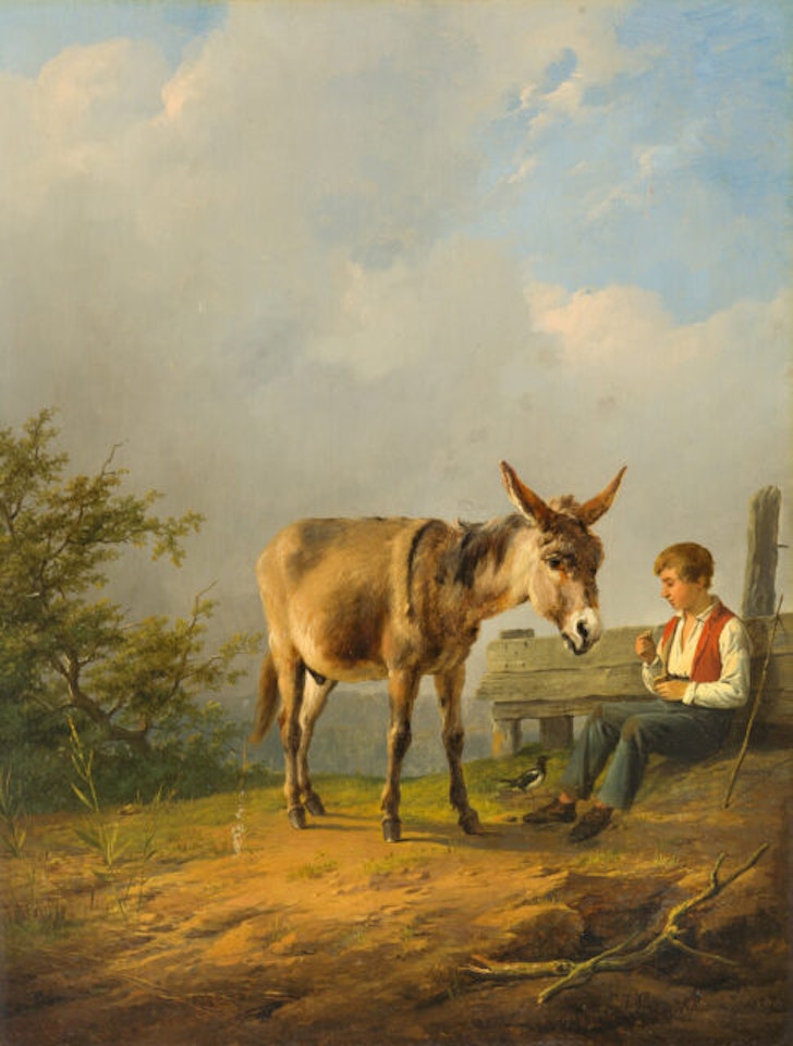Sitting boy with donkey on a hill by Eugène Joseph Verboeckhoven