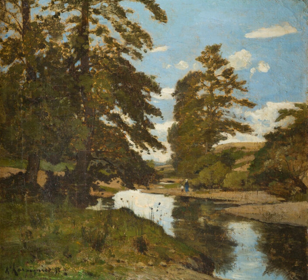 Forested landscape with river. by Henri Harpignies