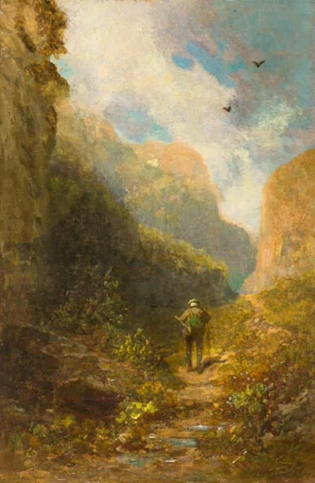 Hunters in the rocky gorge. by Carl Spitzweg