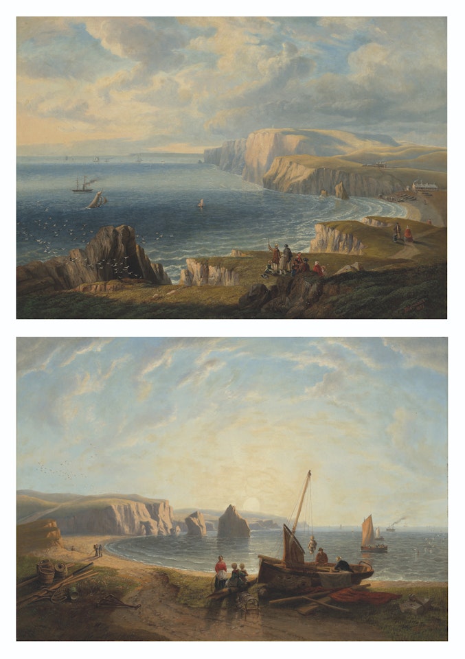 Walkers on the cliffs above Freshwater Bay, viewed from the East; and Unloading the catch in Freshwater Bay by John Wilson Carmichael