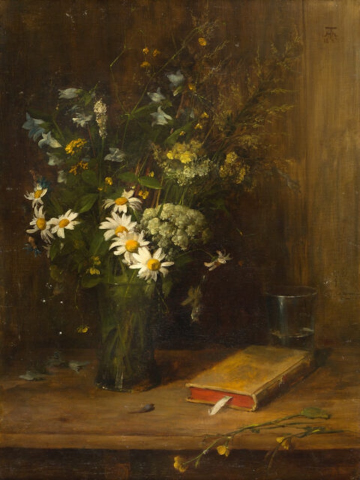 Still life with field flowers in a glass vase. by Hans Thoma