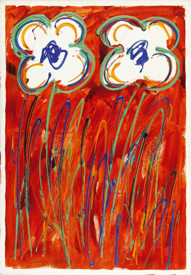 Flowers on orange by Mario Schifano