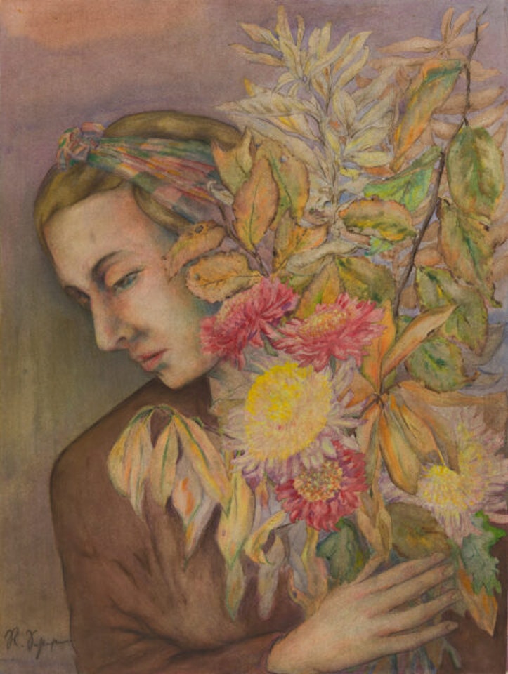 “Young woman with flowers”. by Rudolf Schlichter