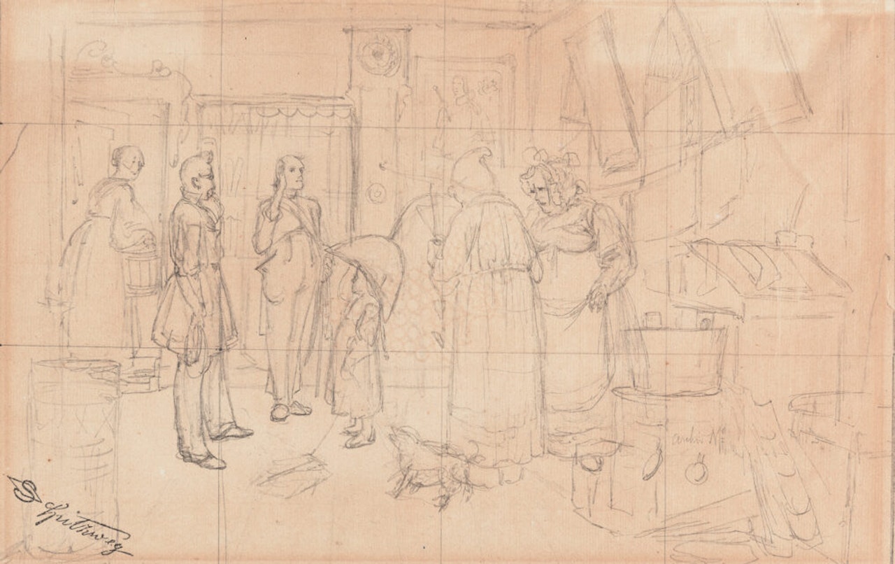 Recto x draft for a family scene - verso x city view by Carl Spitzweg