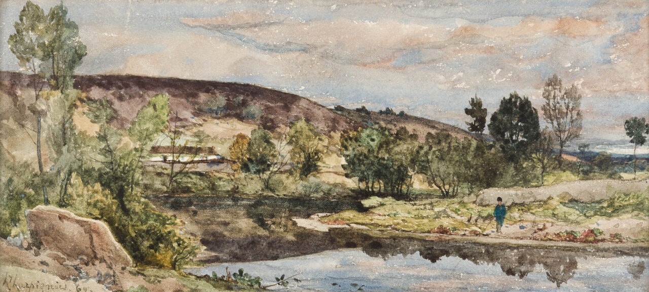River landscape with anglers. by Henri Harpignies