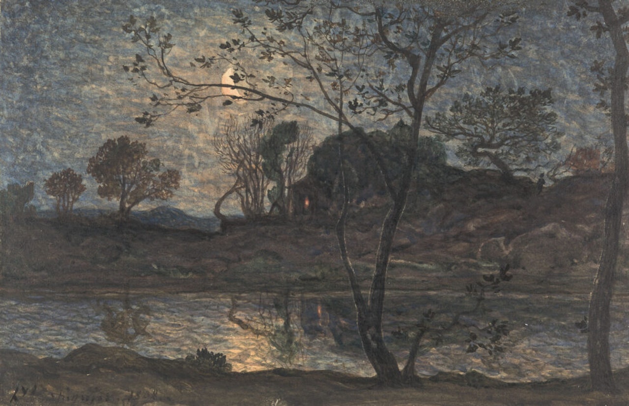 Atmospheric river landscape in moonlight. by Henri Harpignies