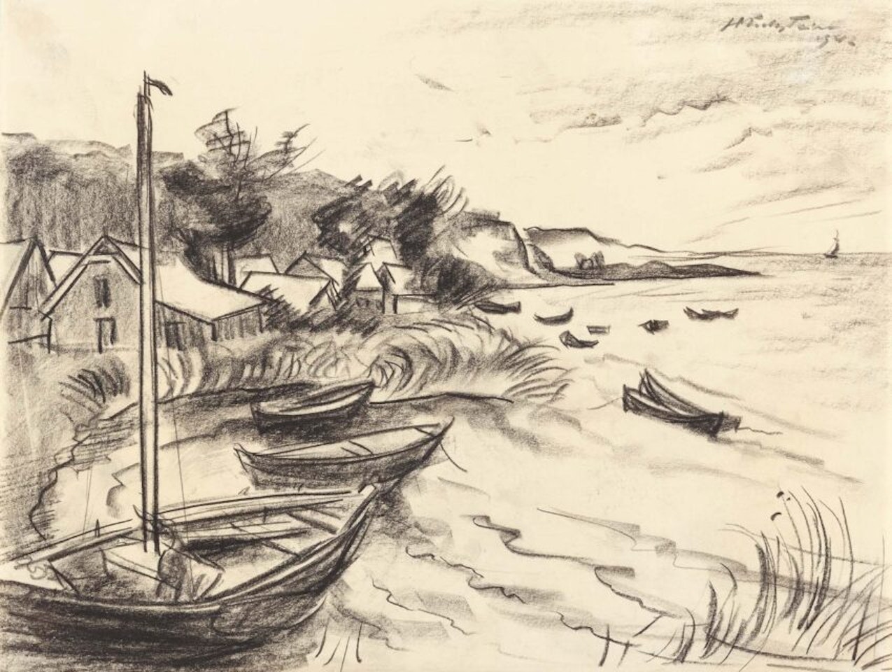 Barges on the shore. by Max Pechstein