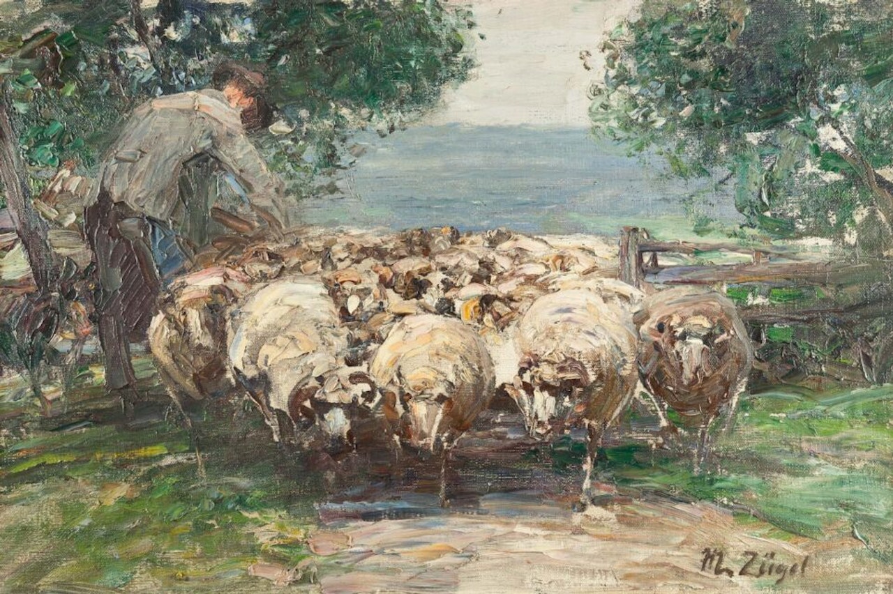 Flock with shepherd in the shade. by Heinrich von Zugel