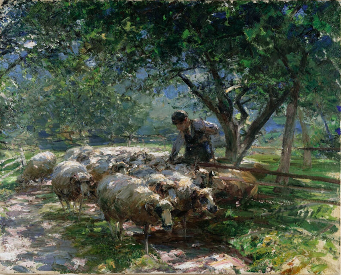 Shepherd in the sunny orchard by Heinrich von Zugel