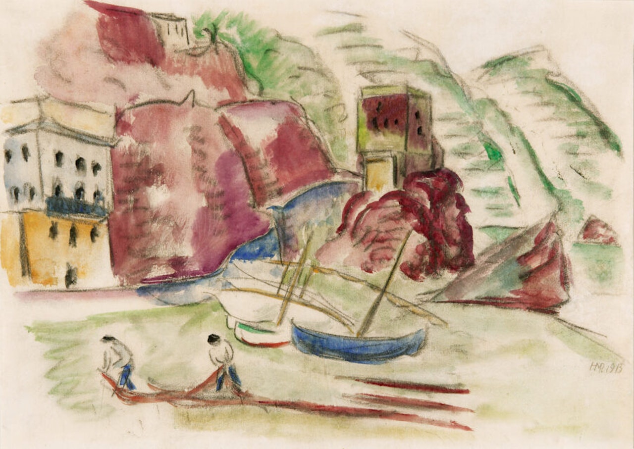Landscape with boats in Monterosso. by Max Pechstein