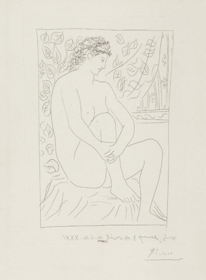 Femme nue assise devant un rideau by Pablo Picasso