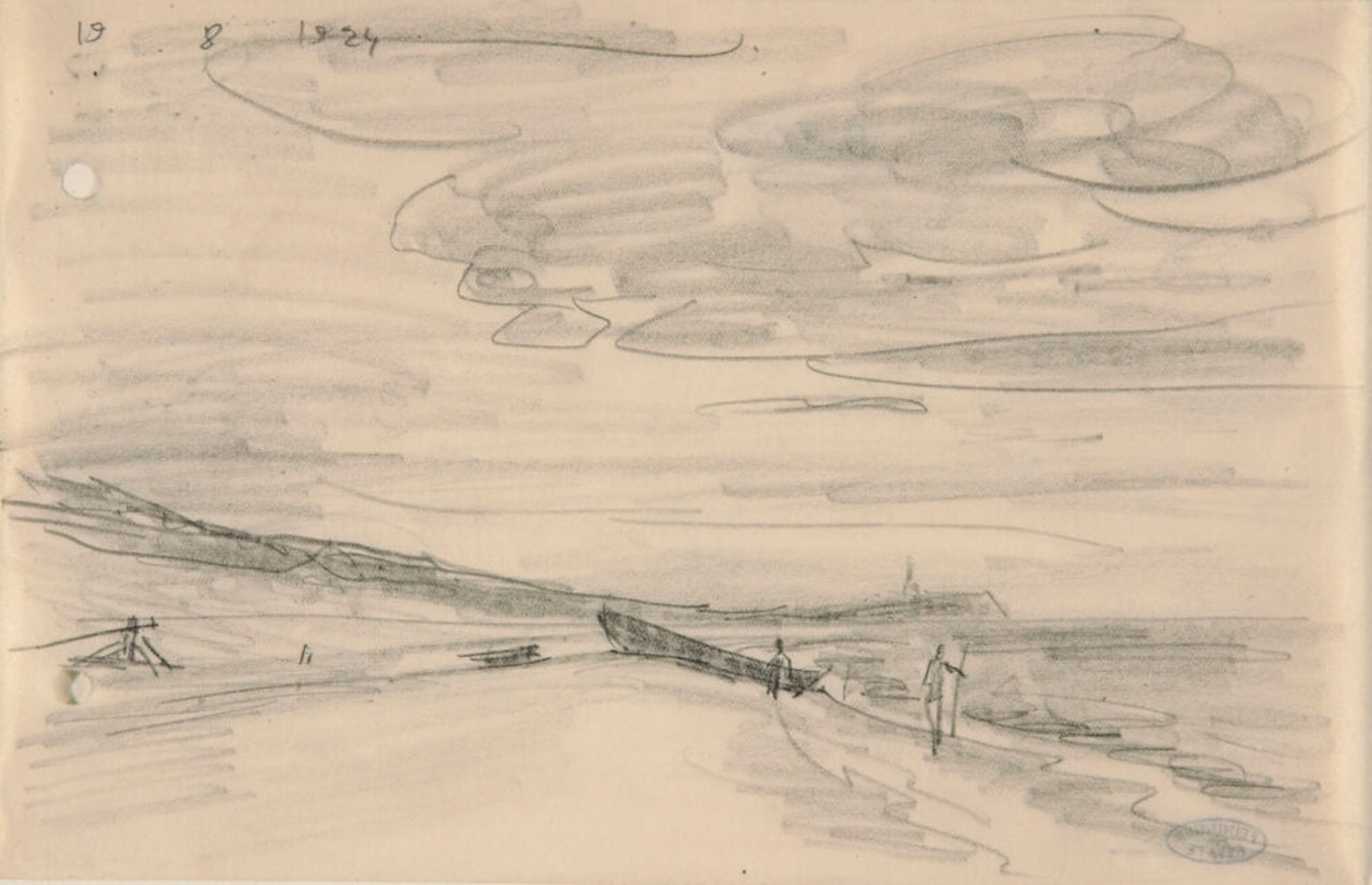 A rowing boat pulled onto the beach by Lyonel Feininger
