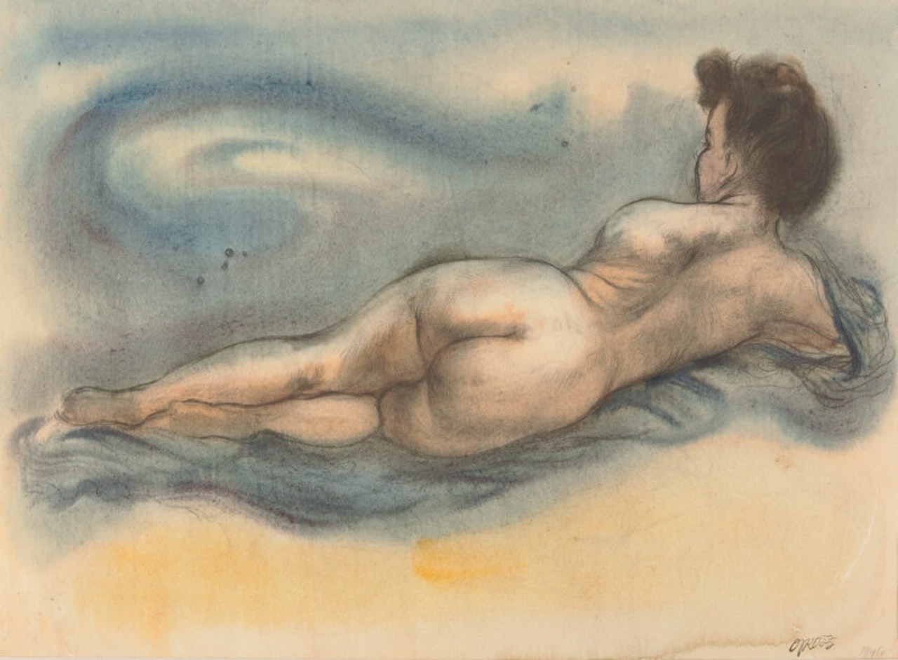 Lying female nude on the back. by George Grosz