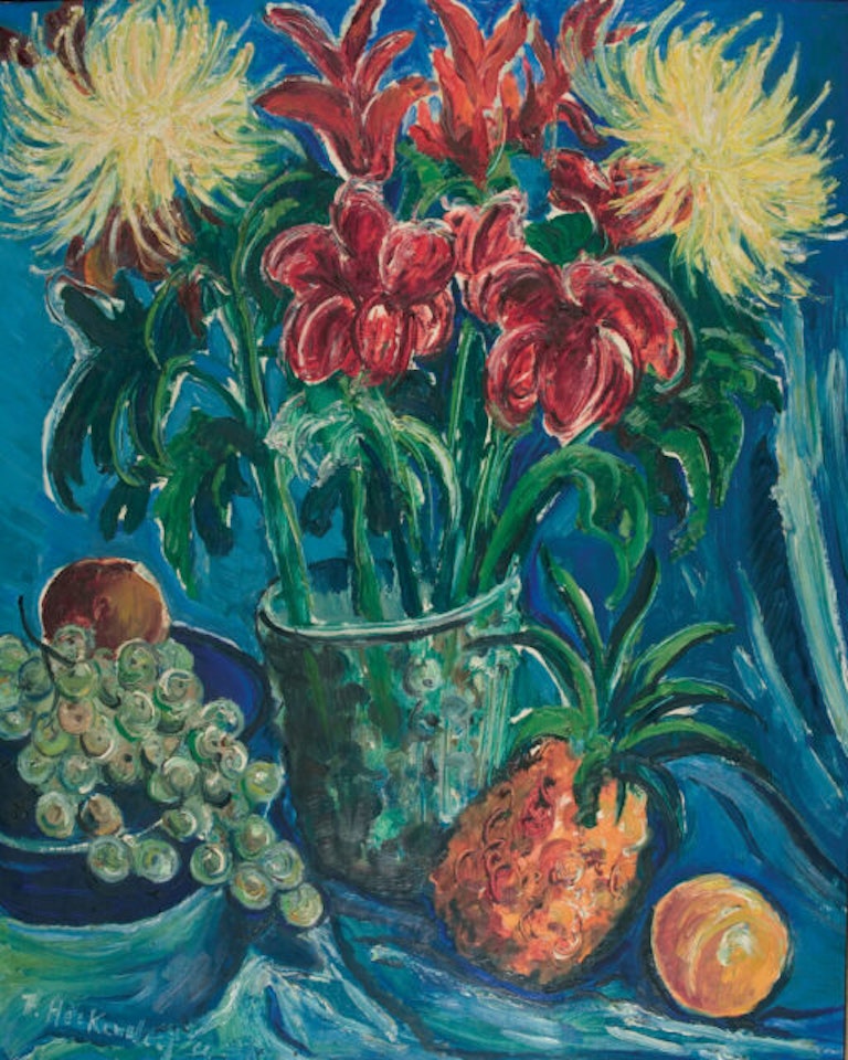 Flowers and fruits against a blue background. by Franz Heckendorf