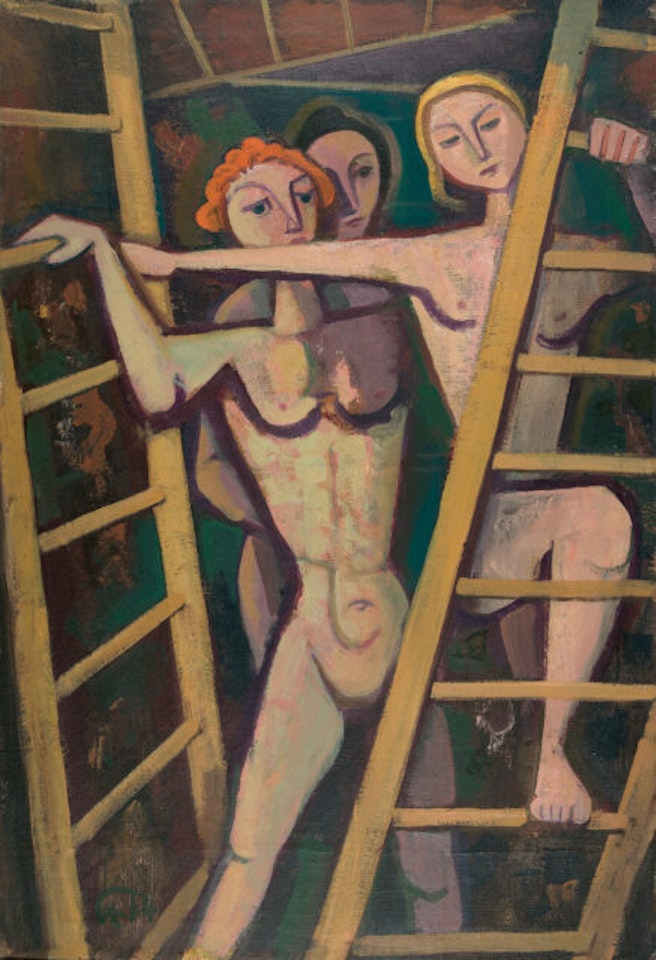 Three girls between ladders. by Karl Hofer