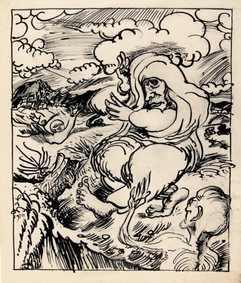 Prophet with his right hand raised. by Ludwig Meidner