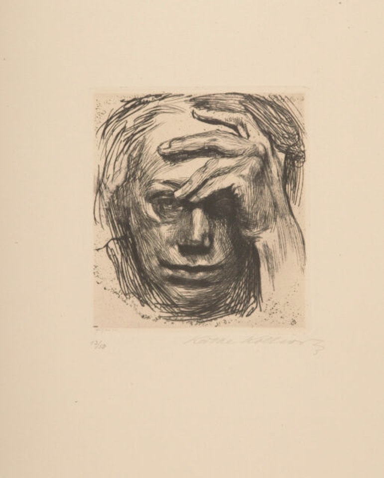 Self-portrait with hand on forehead. by Kathe Kollwitz