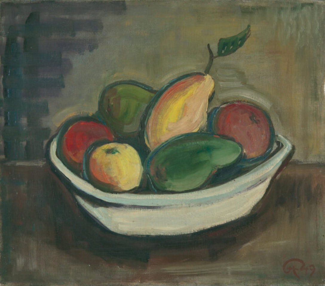 Still life with a pear (in a white bowl). by Karl Hofer