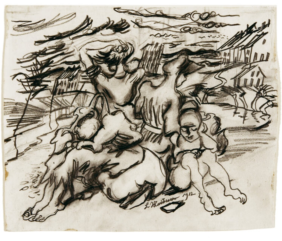 Meditating group of figures. by Ludwig Meidner