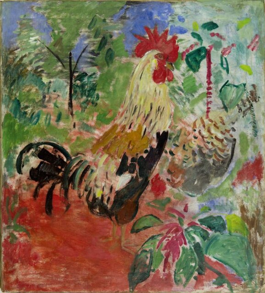 Rooster on a red background. by Oskar Moll