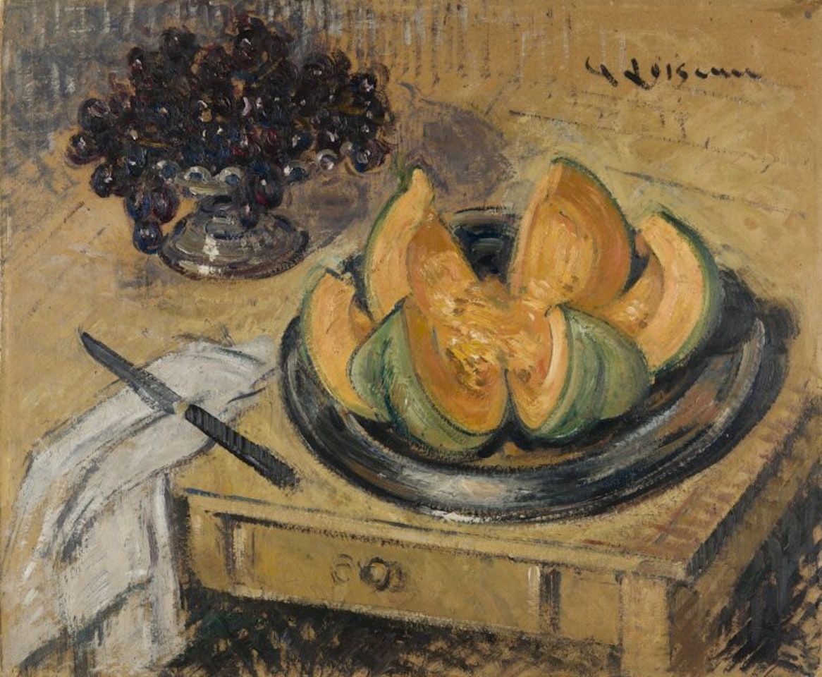Still life with melon and grapes. by Gustave Loiseau