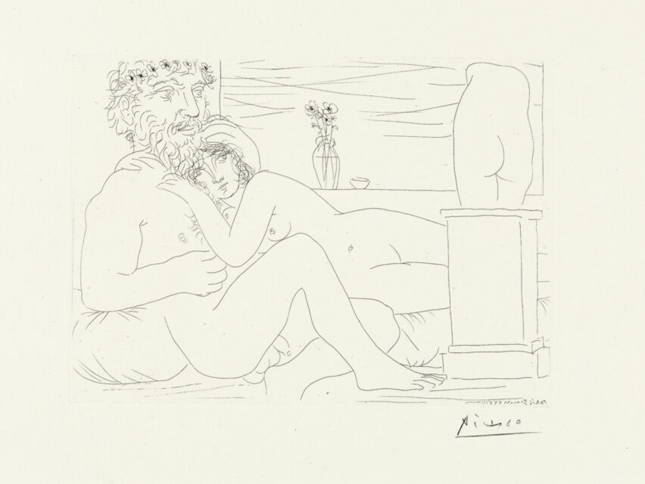 Sculpteur au repos with son model, anémones and small torse by Pablo Picasso