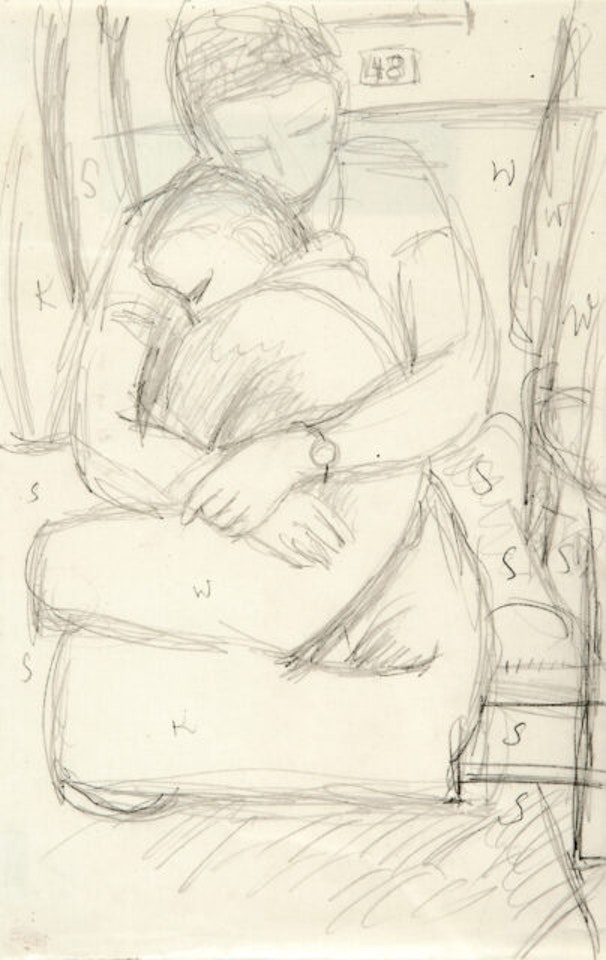 2 sheets: Mother and child in the railway carriage. by Gabriele Münter