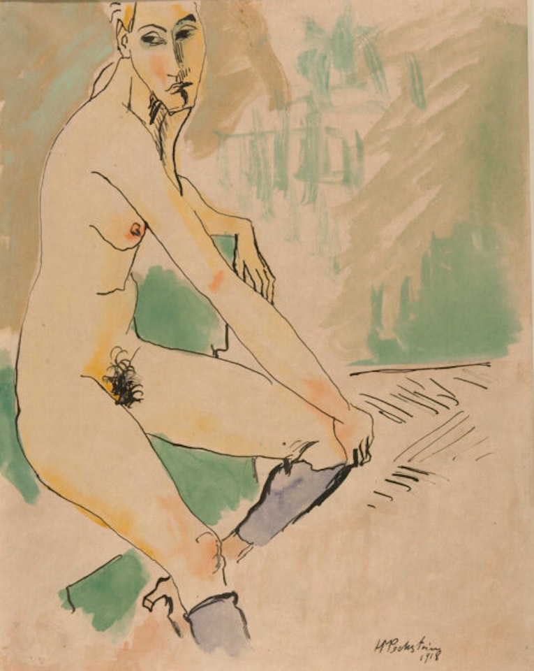 Seated female nude with black stockings. by Max Pechstein