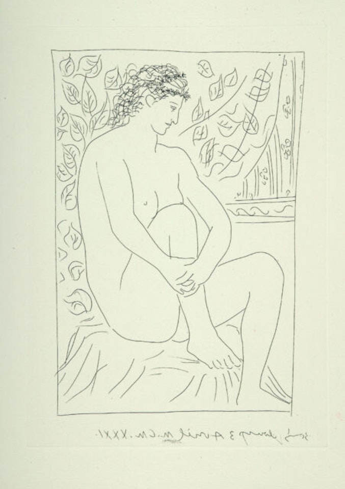 Femme nue assise devant un rideau. by Pablo Picasso