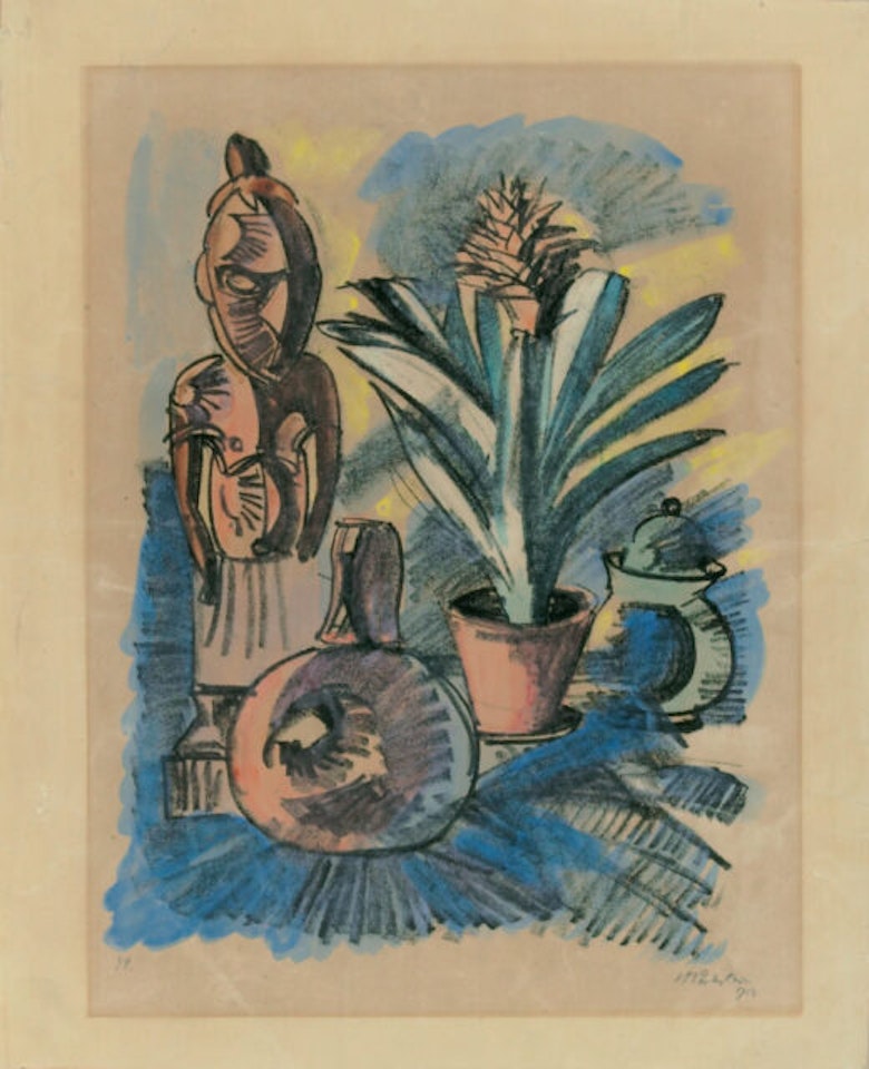 Still life with wooden figure and amaryllis. by Max Pechstein