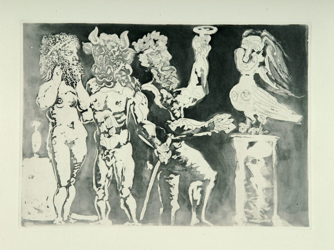 Chez la Pythie-Harpie. Man in Minotaur mask and woman au mask de sculpteur by Pablo Picasso