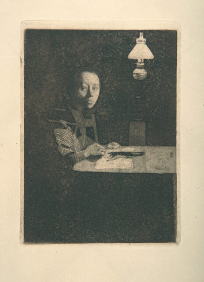 Self-portrait at the table. by Kathe Kollwitz