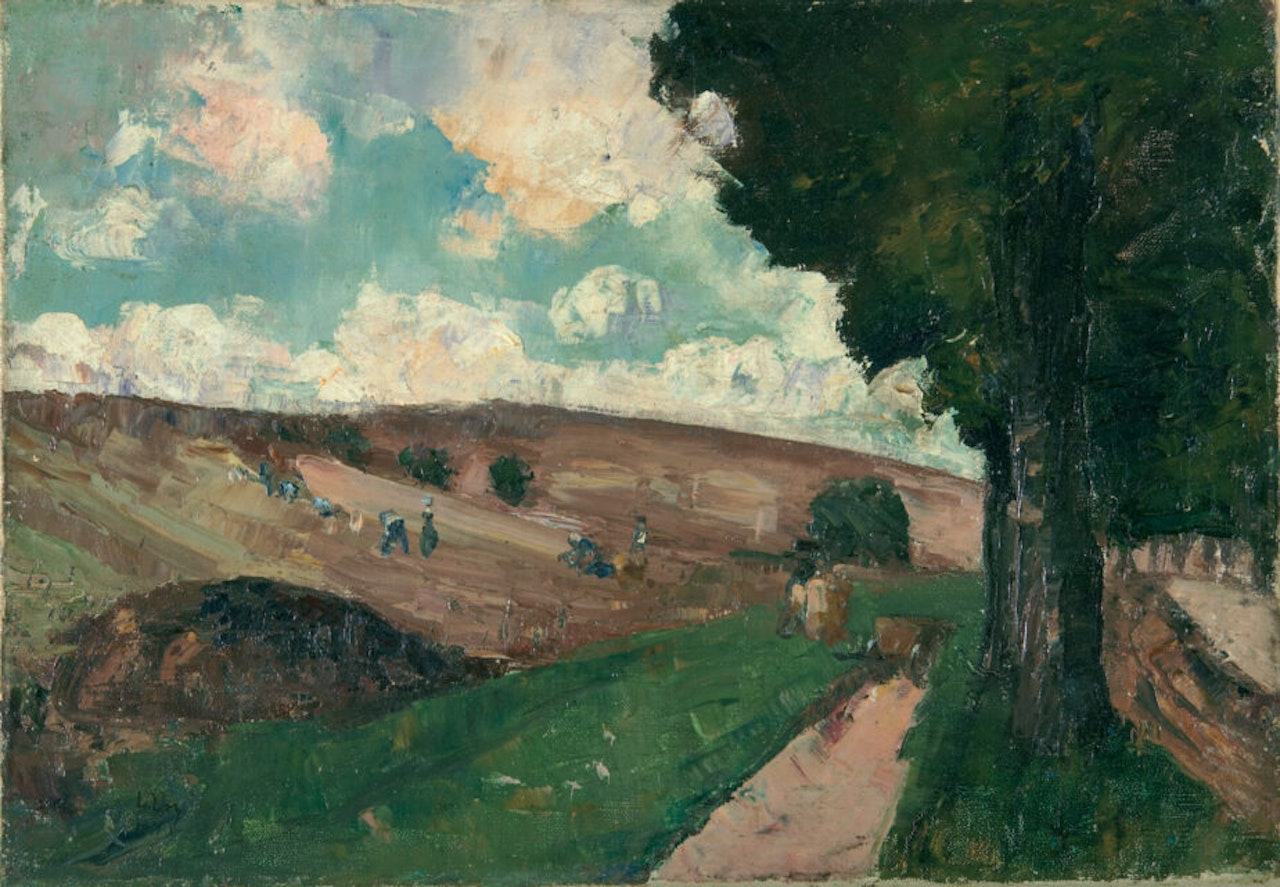 Landscape with farmers working in the fields by Lesser Ury