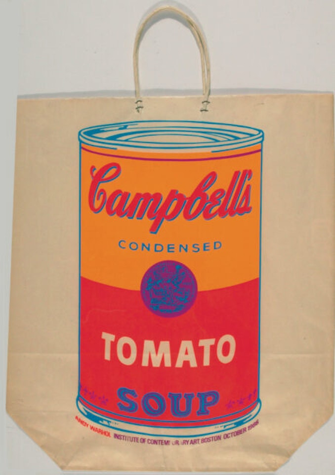 Campbell"s soup can on shopping bag. by Andy Warhol