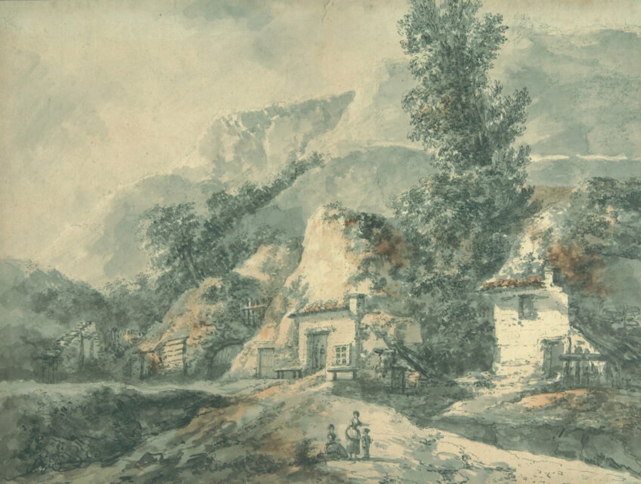Mountainous landscape with houses and figures by Christian Wilhelm Ernst Dietrich