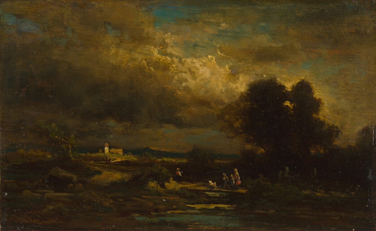 Alpine foothills landscape with an approaching thunderstorm. by Carl Spitzweg