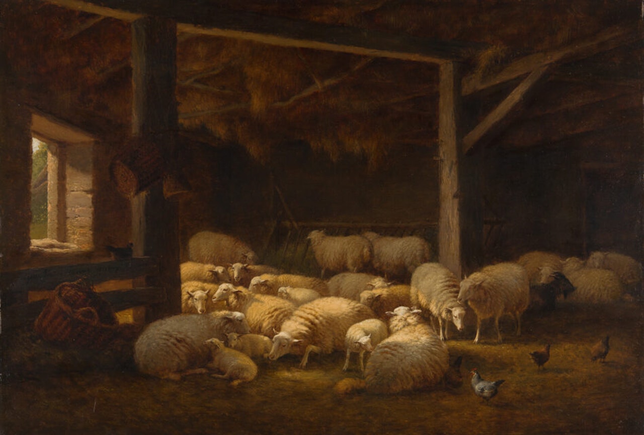 Sheep in the stable. by Eugène Joseph Verboeckhoven