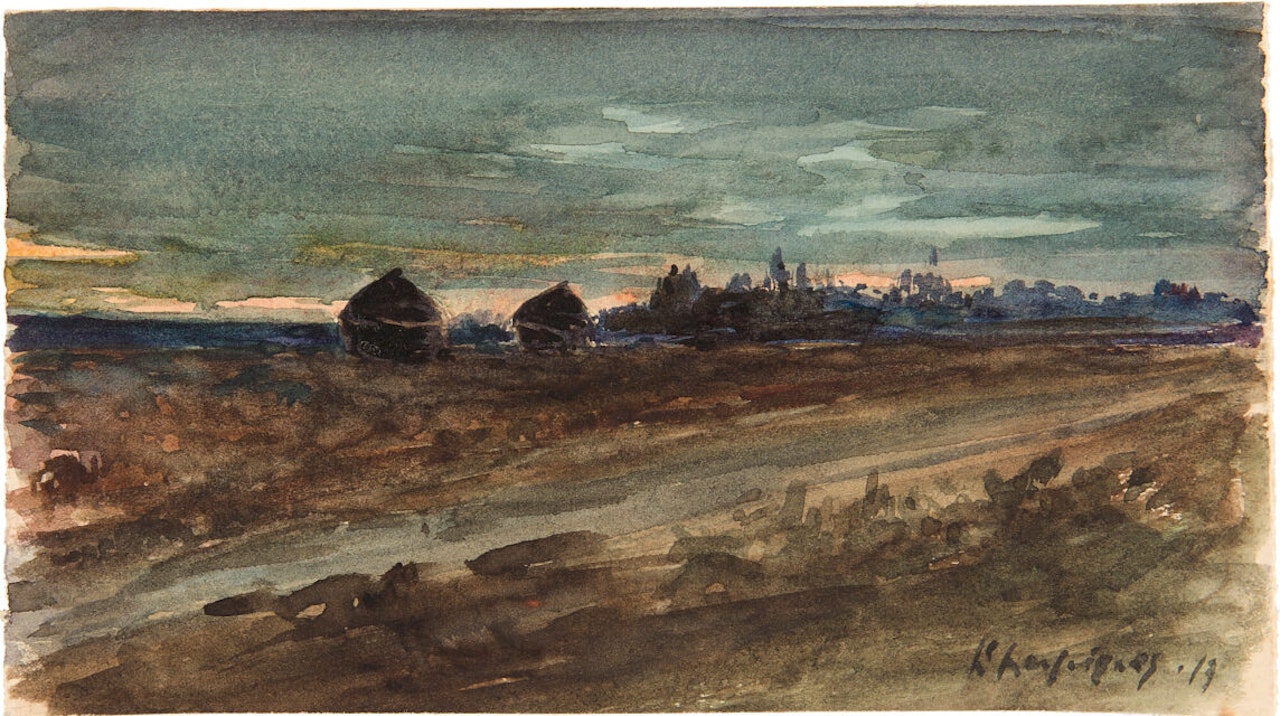 Evening mood over haystacks. by Henri Harpignies
