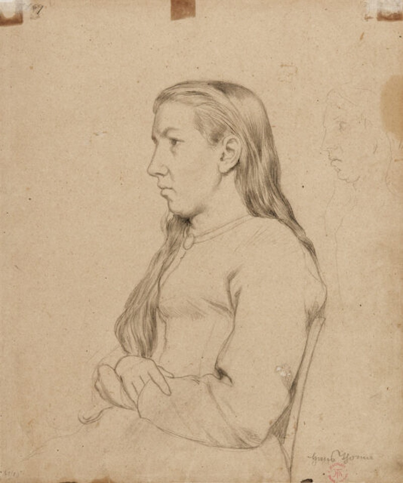 Seated person in profile with arms crossed. Verso: by Hans Thoma
