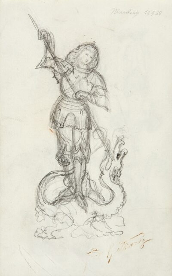 Saint George fighting the dragon, verso others; Sketches by Carl Spitzweg