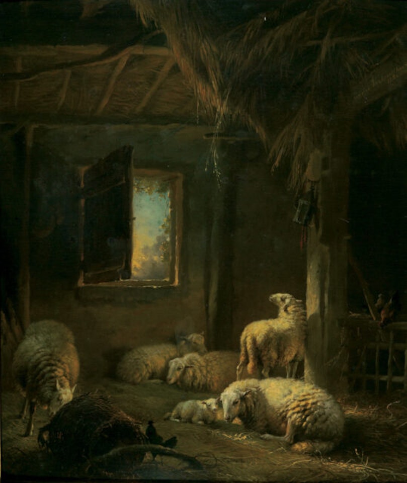 Sheep and chickens in the stable. by Eugène Joseph Verboeckhoven