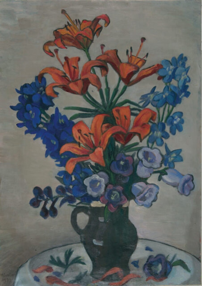 Fire lilies with delphiniums and bluebells by Gabriele Münter